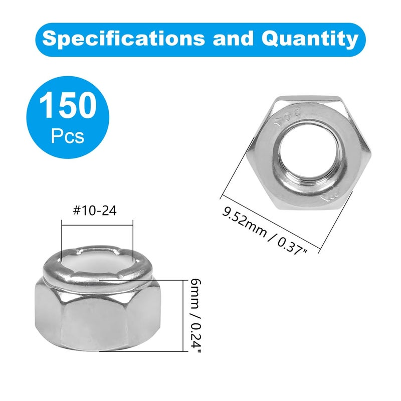Yinpecly 150PCS #10-24 Nylon Insert Hex Lock Nuts,304 Stainless Steel Locknuts,Hex Drive,Coarse Thread,Self-Locking Nuts for Industrial Construction Fasteners - Image 2